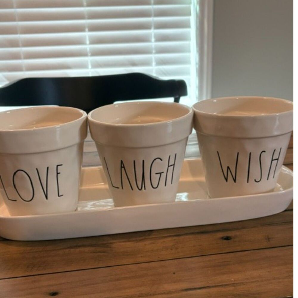 Rae Dunn Artisan Collection Love Laugh Wish Flower Pot Set w/ Tray